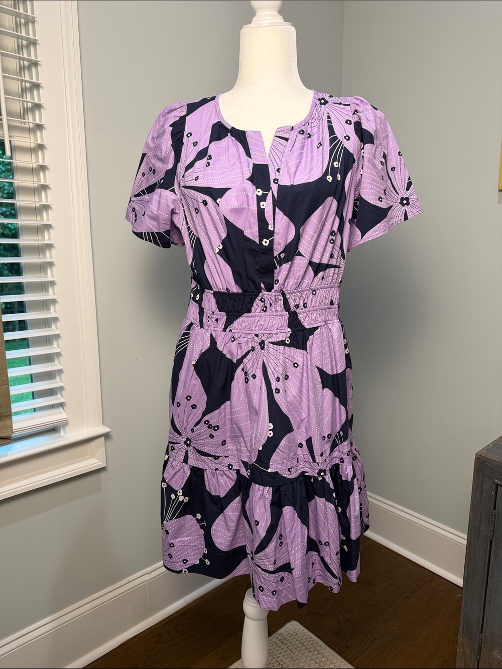 Anthropologie Somerset Mini Lilac and Navy Floral Tiered Mini Dress. Size Small.
